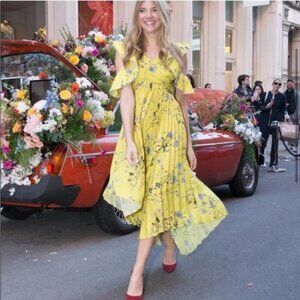 Self Portrait Yellow Floral Cold Shoulder Asymmetric Dress Sz 2